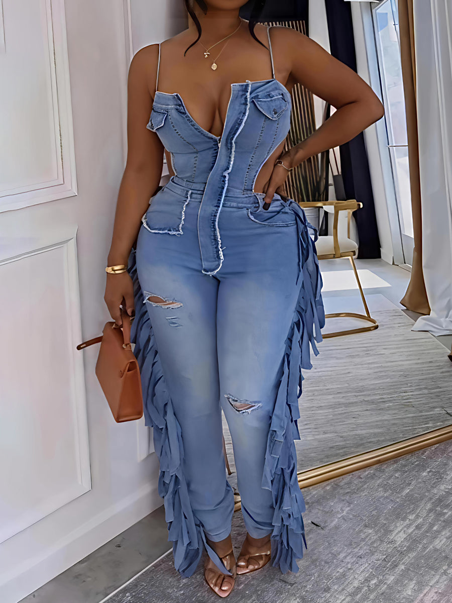 Fringe Detail Cut-Out Denim Jumpsuit