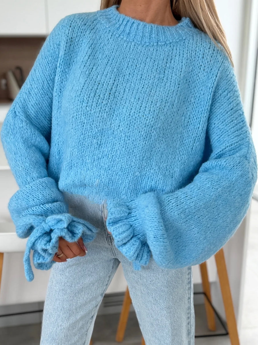 Ruffled Trim Puff Sleeve Loose Sweater
