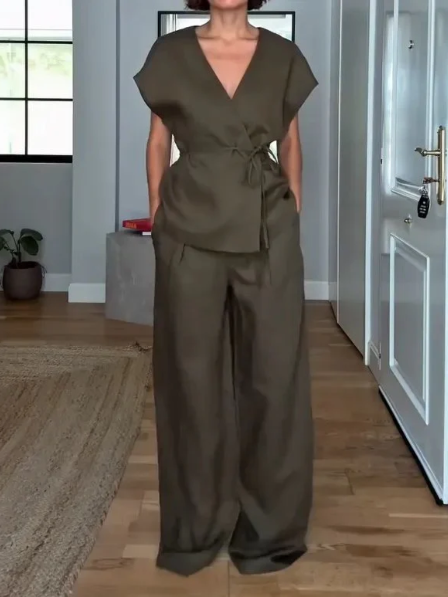 Ladies' V-neck Waist Cinched Top  Pants Casual Suit