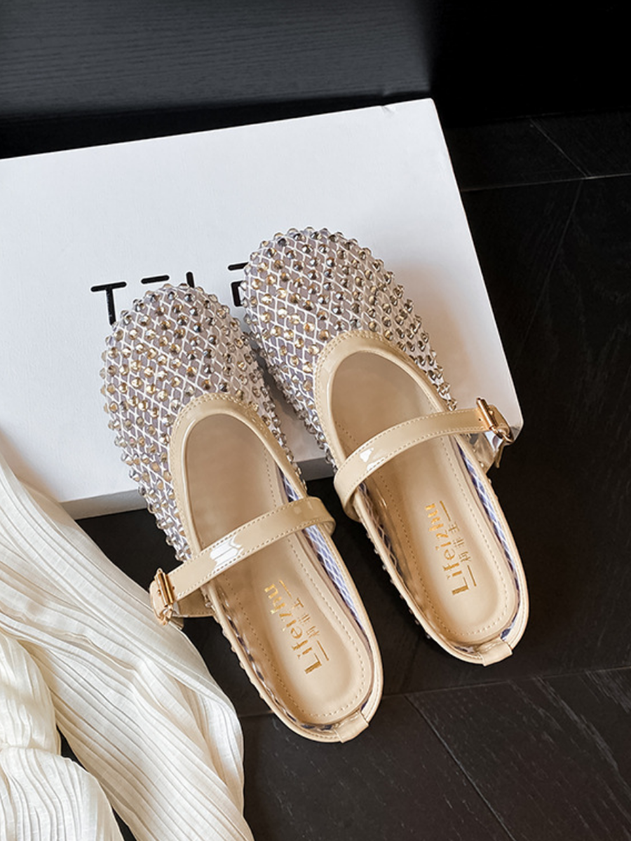 Gold Rhinestone Mesh Mary Jane Mule Flats | Breathable Slip-On Shoes for Women