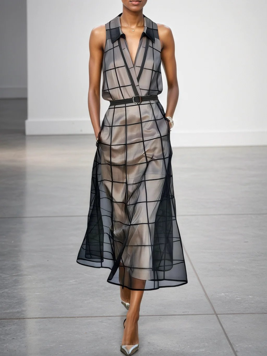 Women's Lapel V Neck Sleeveless Belted Maxi Dress
