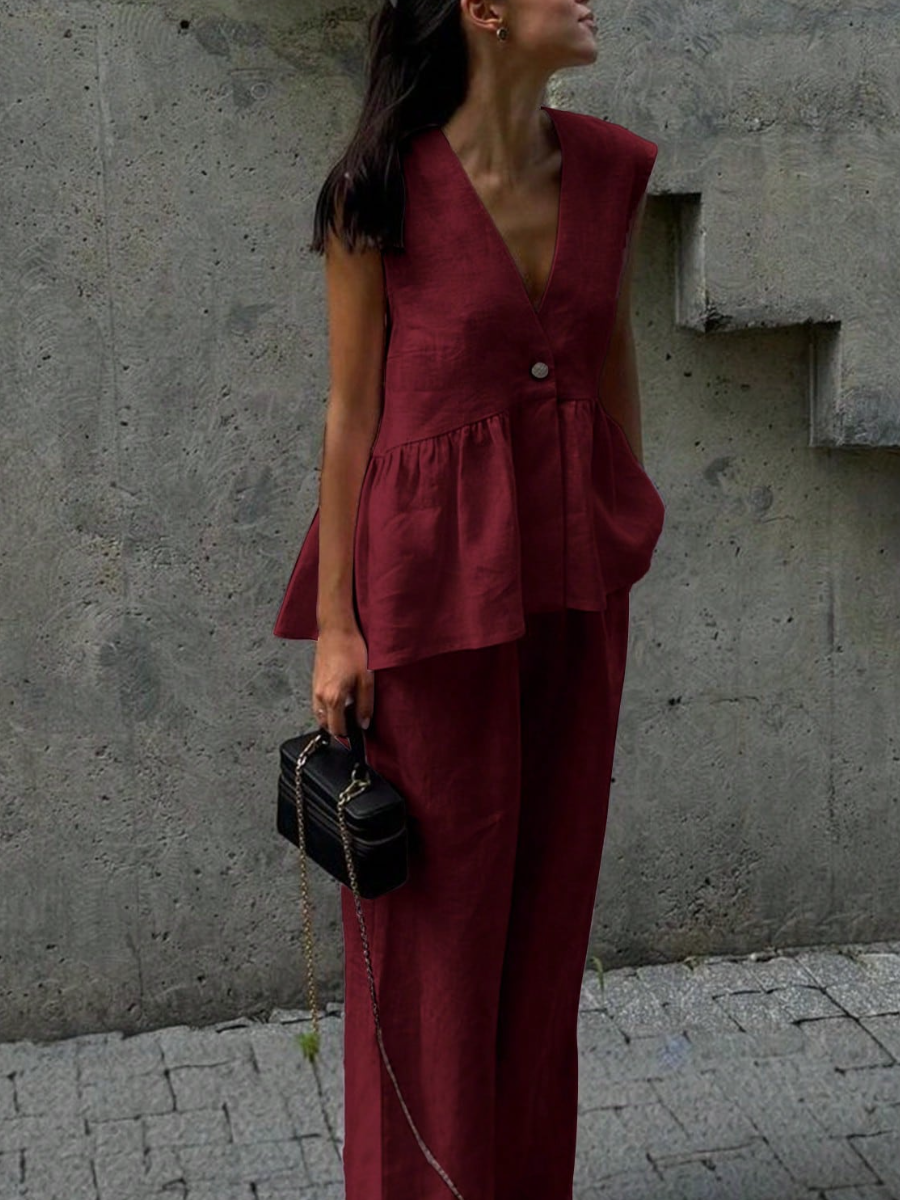 Ladies' V-neck Patchwork Top  Pants Casual Suit