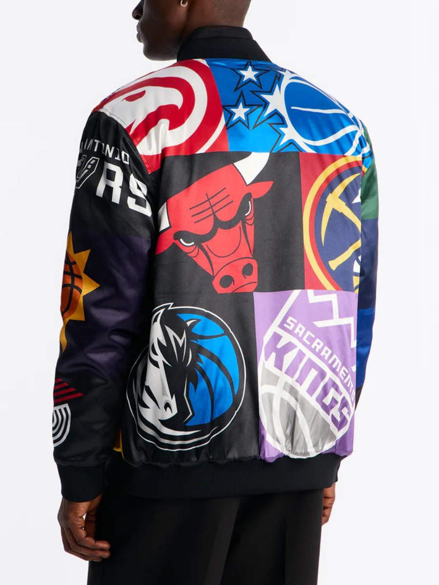 Team Patchwork Satin Bomber Jacket - Black
