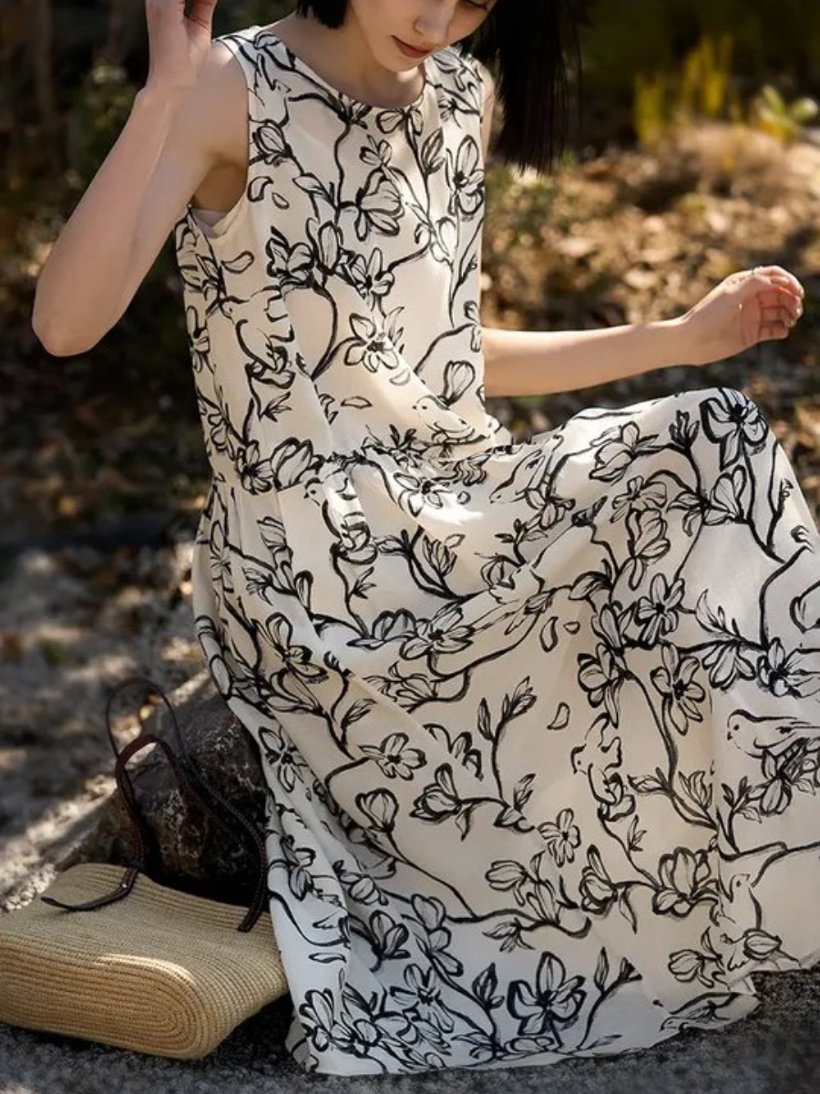 Linen Floral Sleeveless Midi Dress