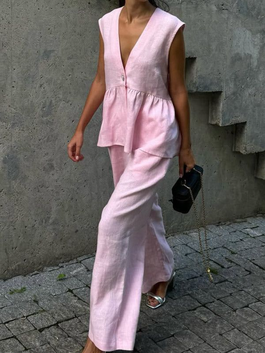 Ladies' V-neck Patchwork Top  Pants Casual Suit