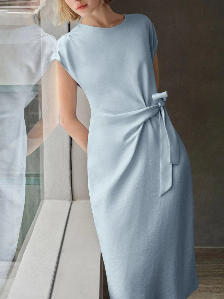 Light Blue Waist-Tie Midi Dress