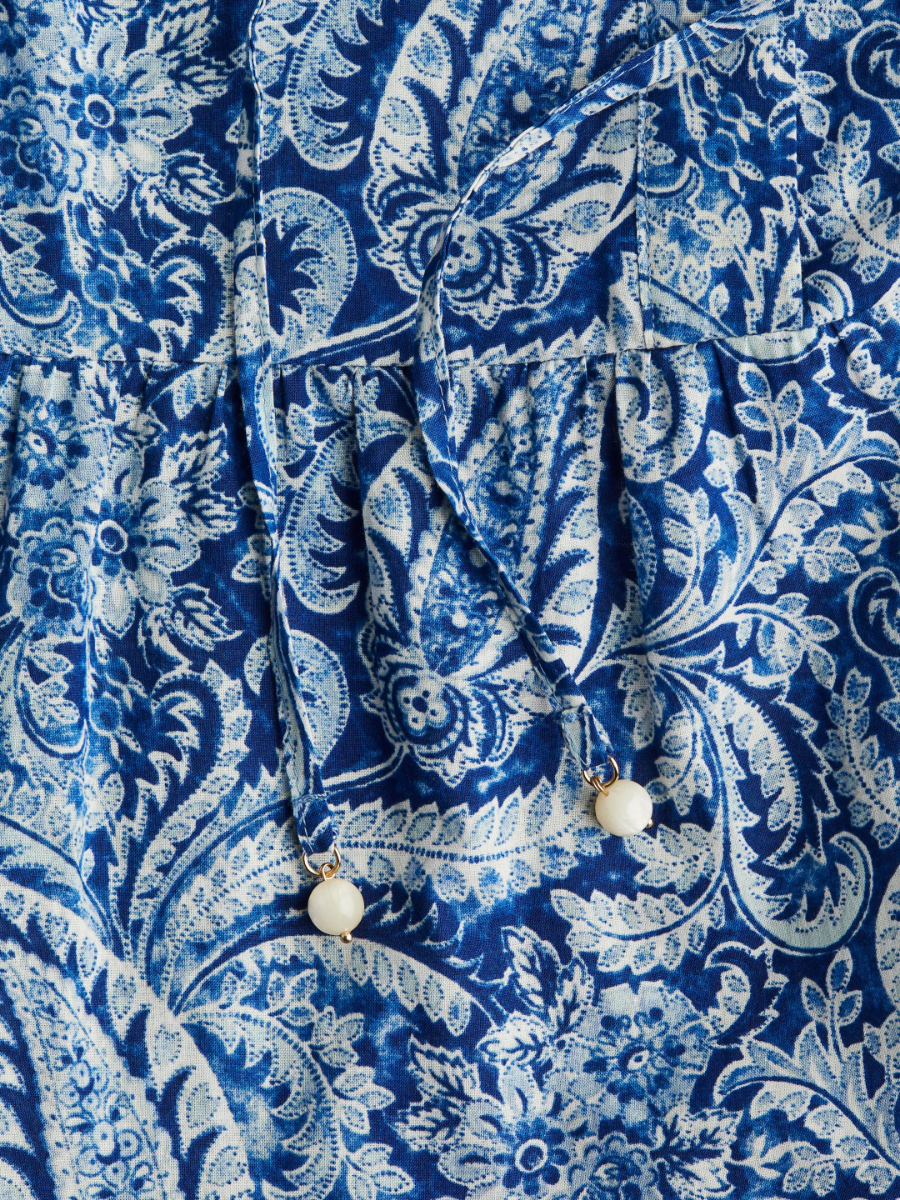 Blue Paisley Puff Sleeve Midi Dress