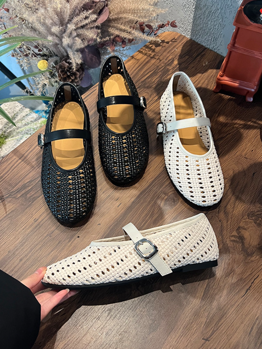 Breathable Woven Mary Jane Flats | Perforated Retro Buckle Loafers