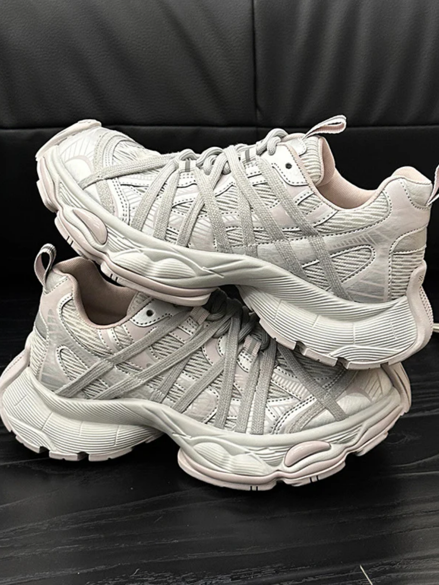 Retro Chunky Dad Sneakers for Women | Light Gray & Navy Athletic