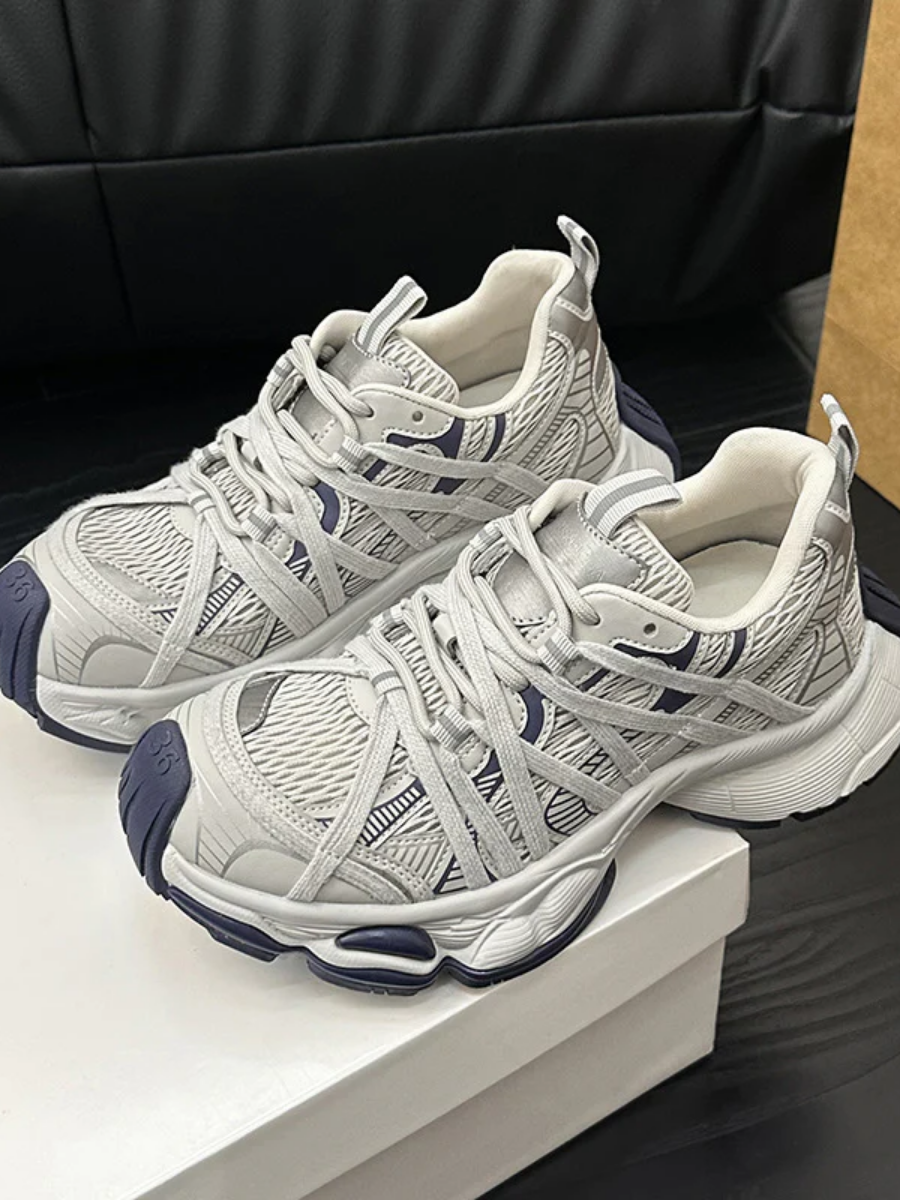 Retro Chunky Dad Sneakers for Women | Light Gray & Navy Athletic
