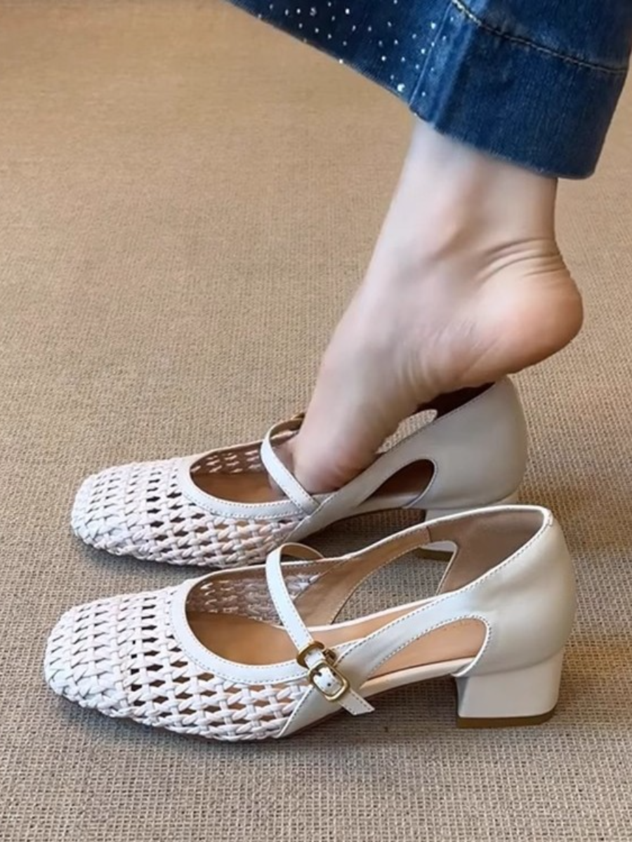Woven Mesh Square Toe Mary Jane Block Heels | Cream Retro Comfort Pumps