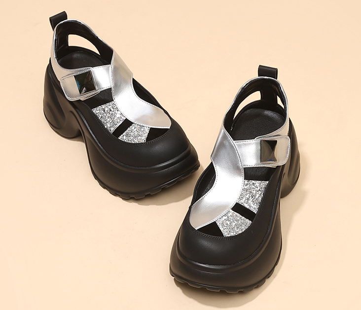 Glitter Platform Mary Jane Sandals | Chunky Wedge Heel with Studded Strap