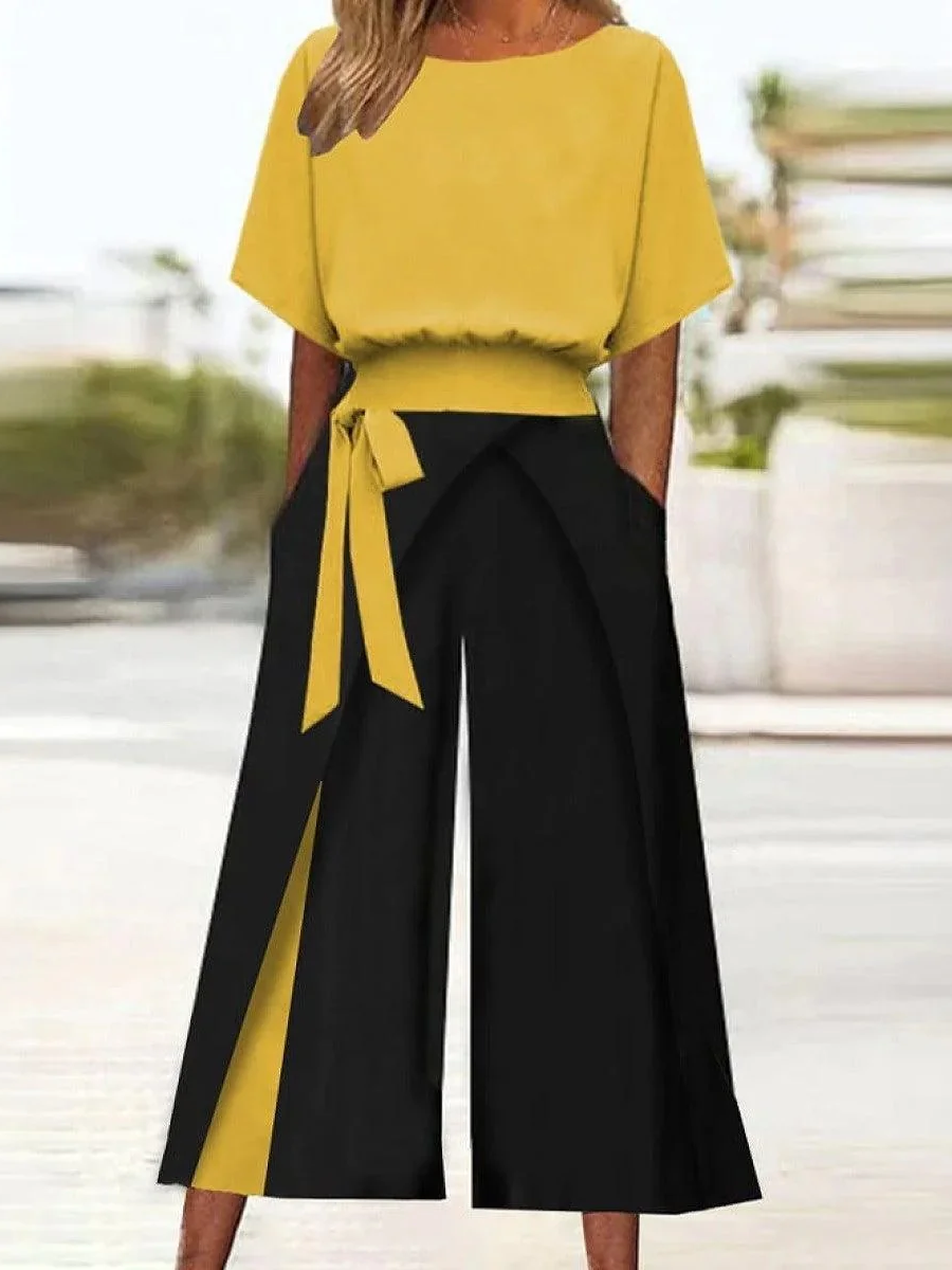 Unique Round Neck Color Block Two Piece Set