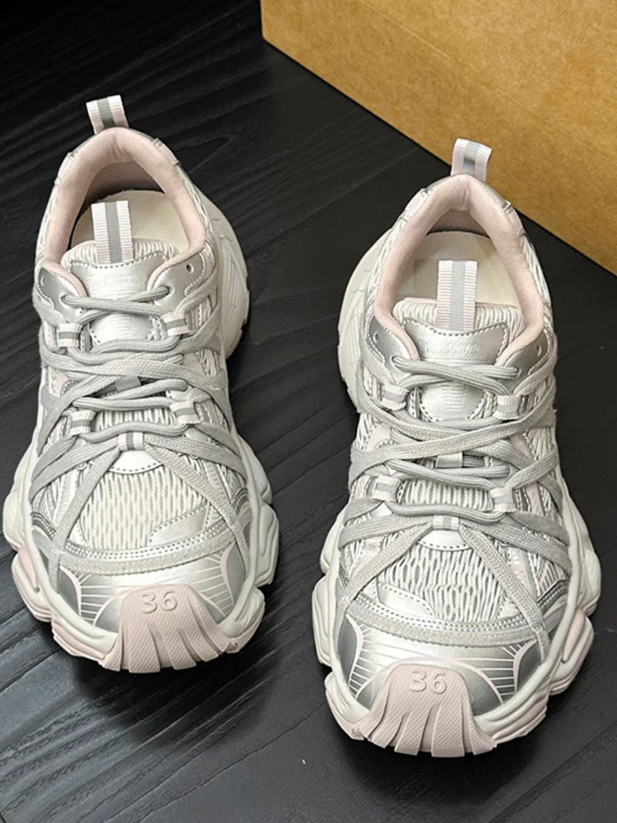 Retro Chunky Dad Sneakers for Women | Light Gray & Navy Athletic