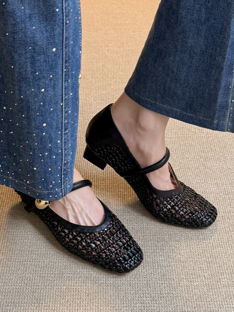 Crochet Woven Mary Jane Flats | Square Toe Breathable Ballet Flats