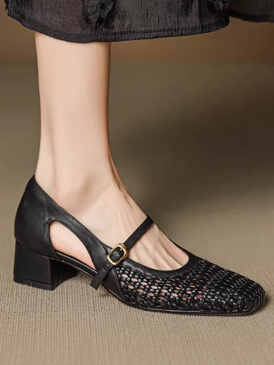 Woven Mesh Square Toe Mary Jane Block Heels | Cream Retro Comfort Pumps