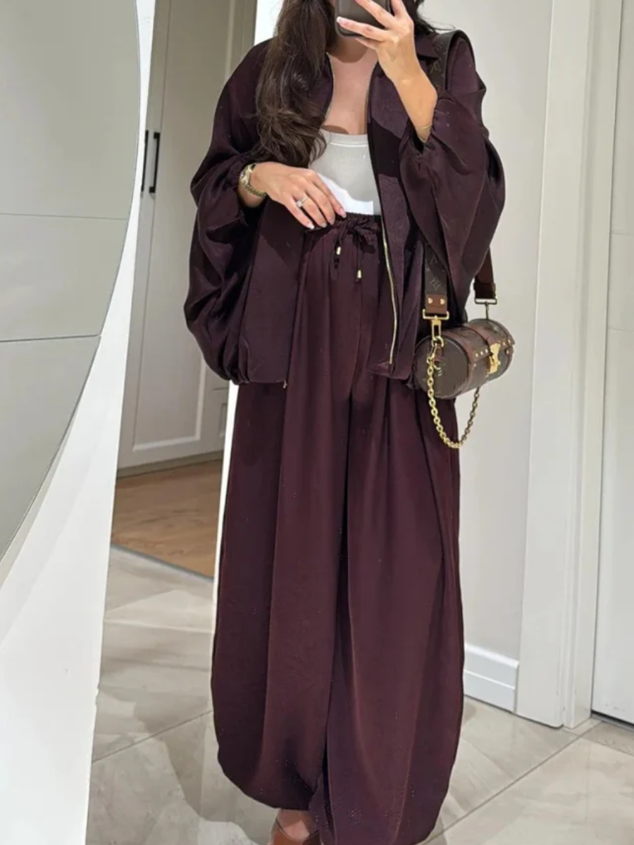 Women Round Neck Zipper Jacket   Pants Casual Suit