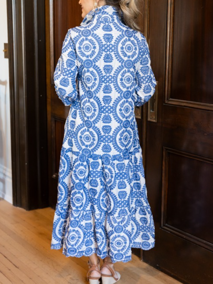 Coastal Blue Medallion Tiered Shirt Dress