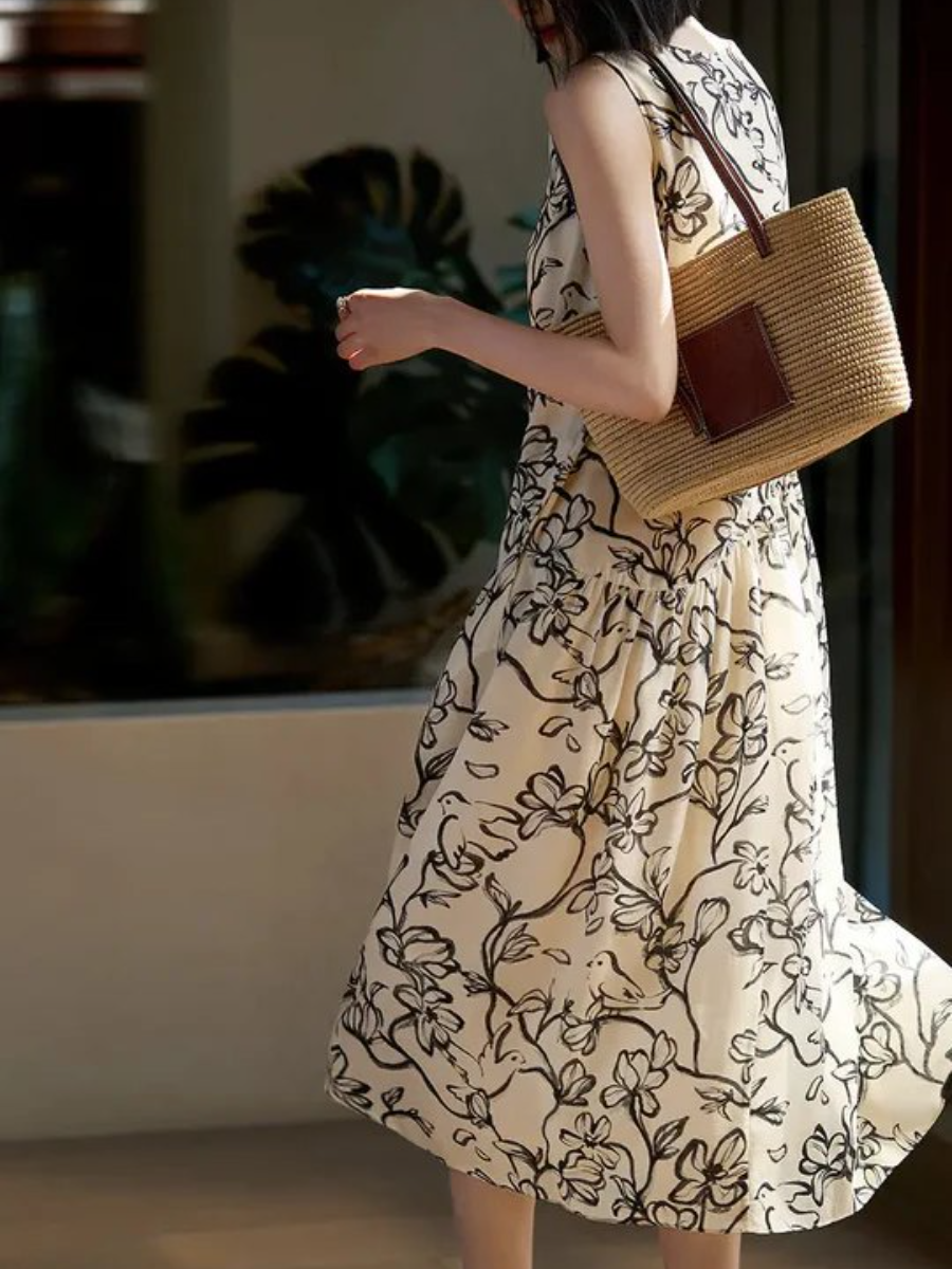 Linen Floral Sleeveless Midi Dress