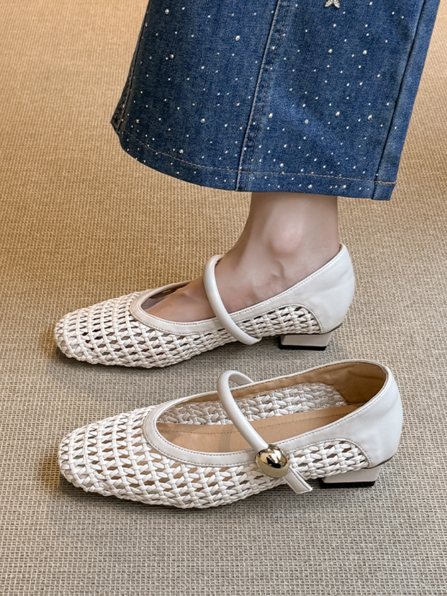 Crochet Woven Mary Jane Flats | Square Toe Breathable Ballet Flats
