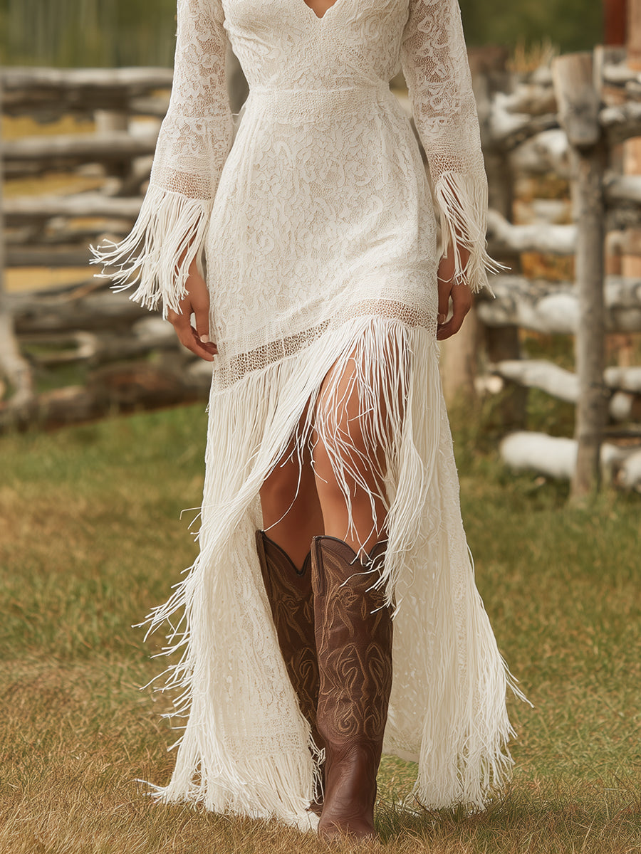 Retro White Lace V-neck Long Sleeve Tassel Maxi Dress