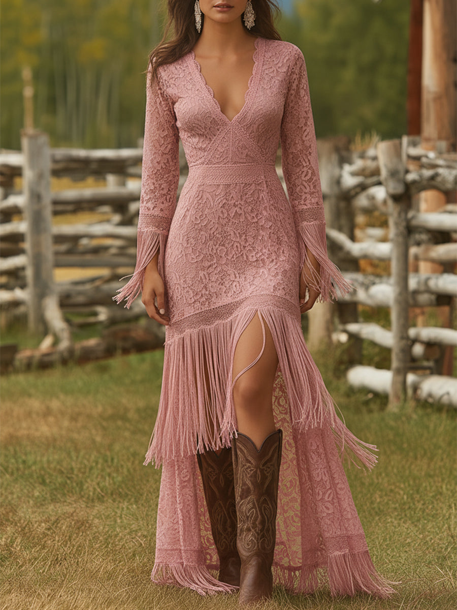 Retro White Lace V-neck Long Sleeve Tassel Maxi Dress