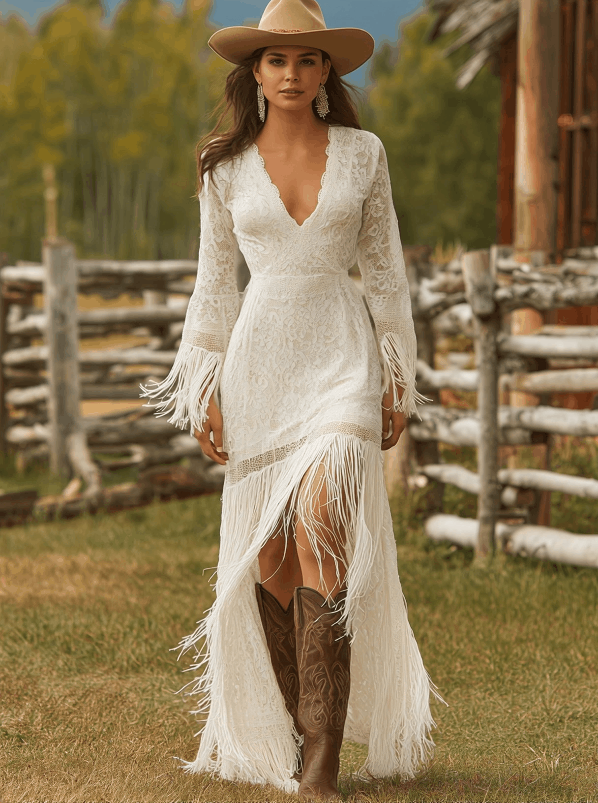 Retro White Lace V-neck Long Sleeve Tassel Maxi Dress