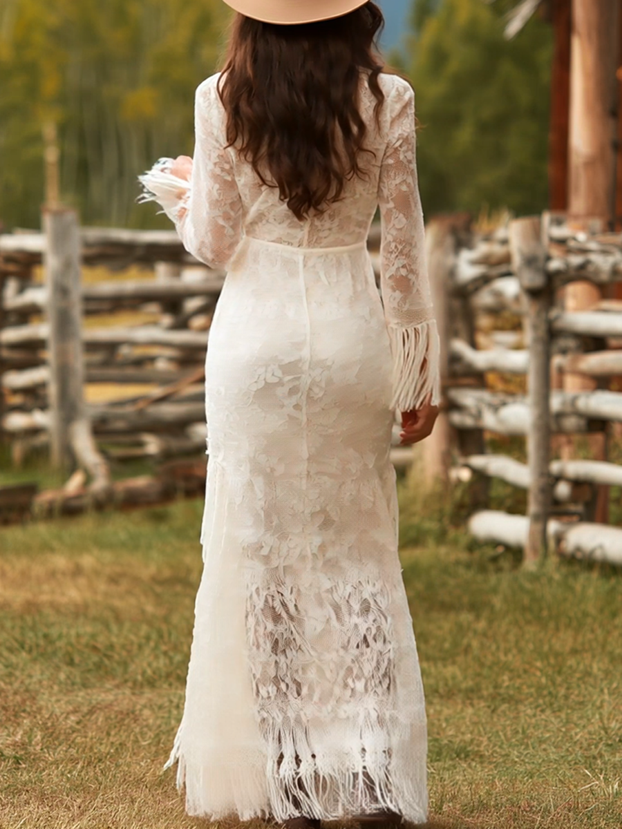 Retro White Lace V-neck Long Sleeve Tassel Maxi Dress