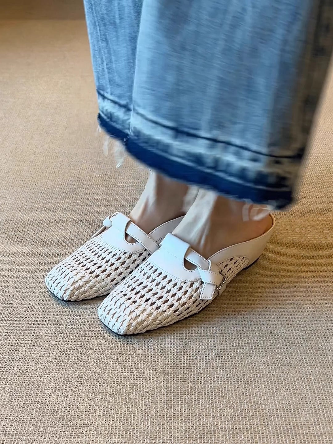 Breezy Woven Leather Mules | Square Toe Buckle Backless Loafers