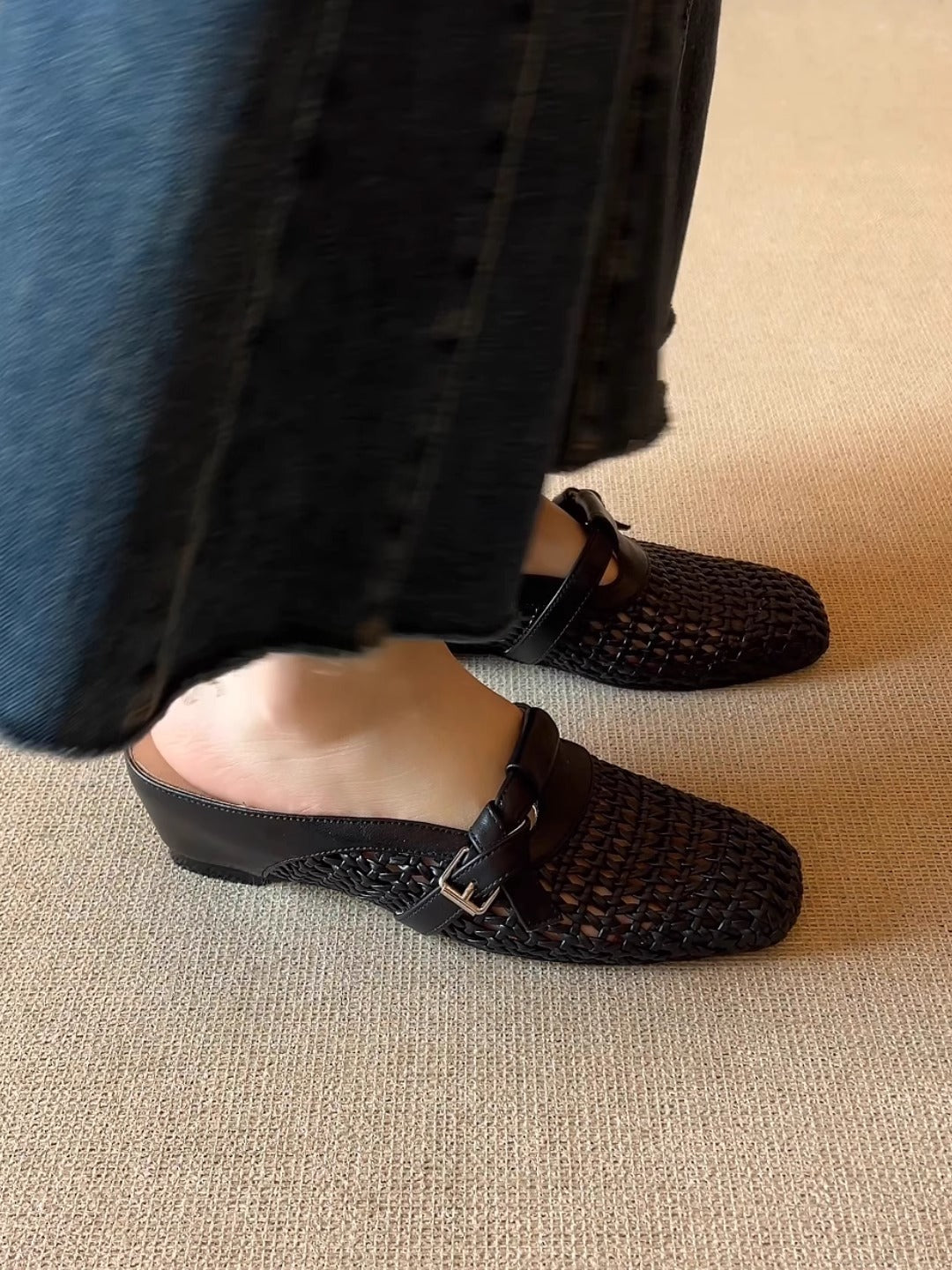 Breezy Woven Leather Mules | Square Toe Buckle Backless Loafers
