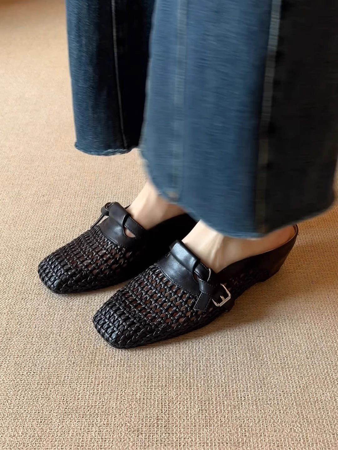 Breezy Woven Leather Mules | Square Toe Buckle Backless Loafers