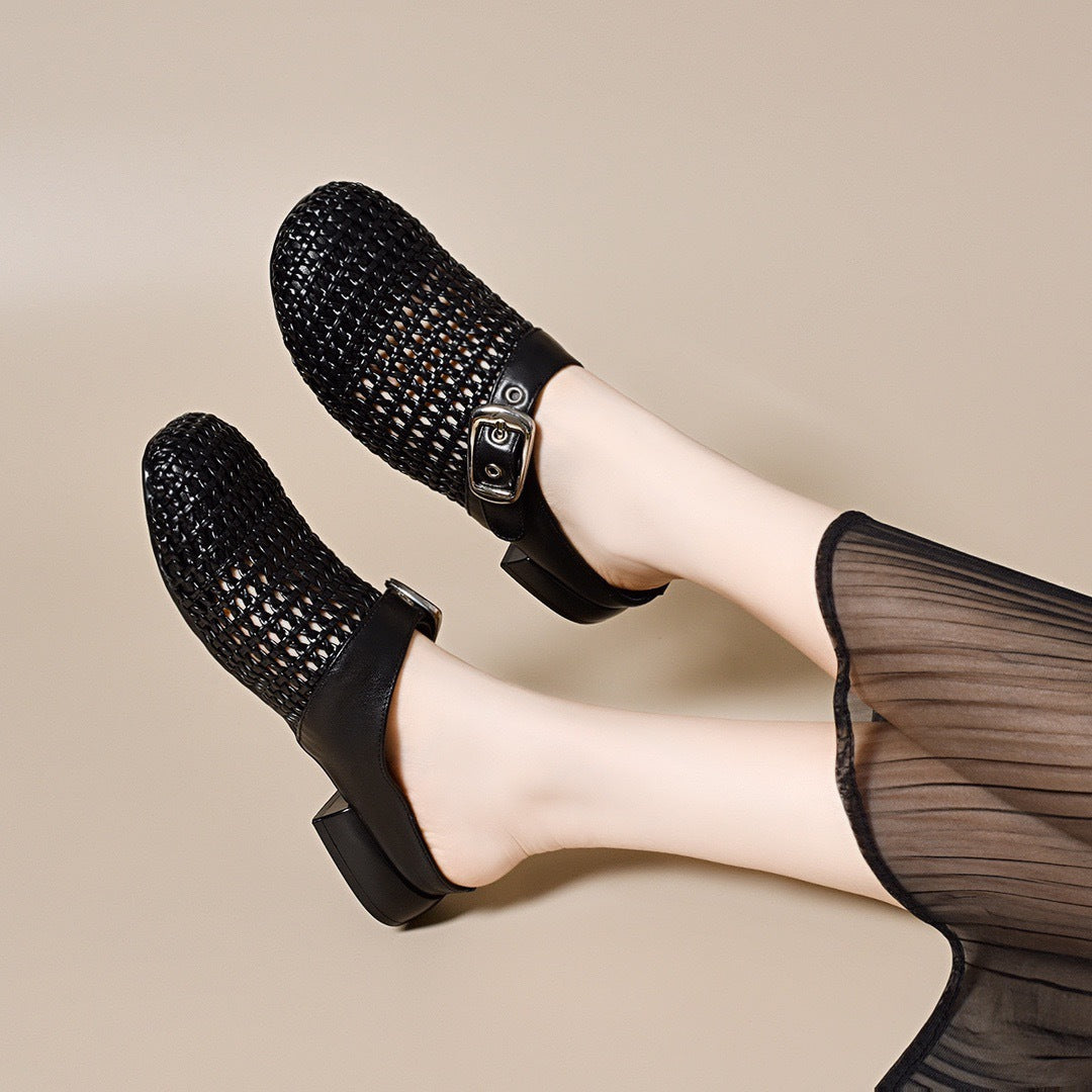 Woven Leather Buckle Mules | Breathable Low-Heel Slides for Women