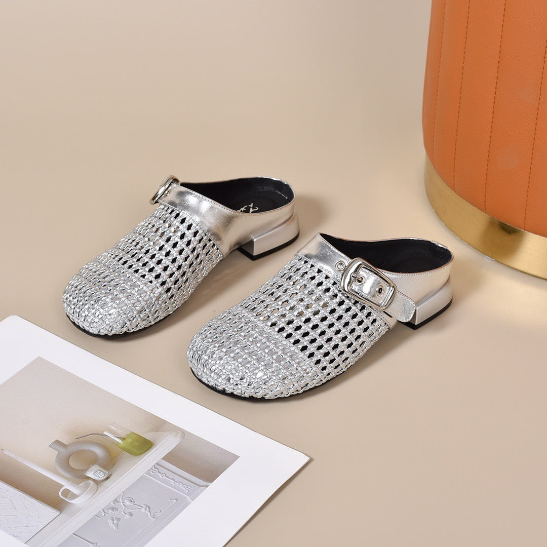 Woven Leather Buckle Mules | Breathable Low-Heel Slides for Women