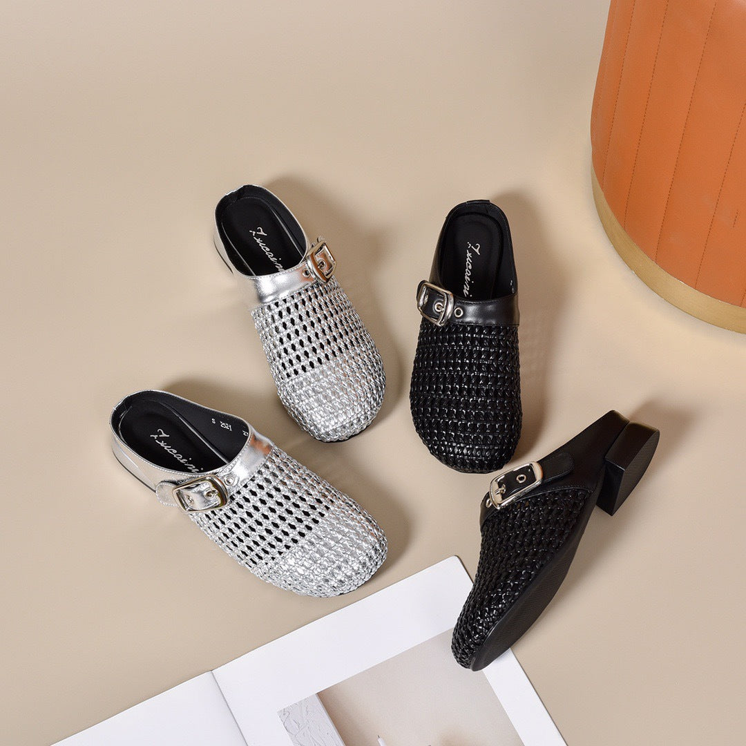 Woven Leather Buckle Mules | Breathable Low-Heel Slides for Women