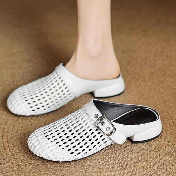 Woven Leather Buckle Mules | Breathable Low-Heel Slides for Women