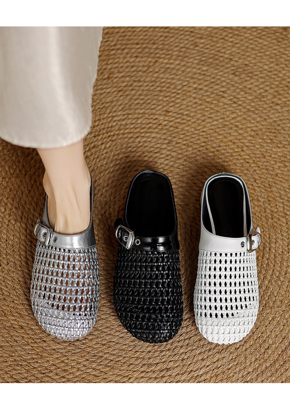 Woven Leather Buckle Mules | Breathable Low-Heel Slides for Women