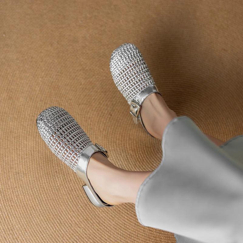 Woven Leather Buckle Mules | Breathable Low-Heel Slides for Women