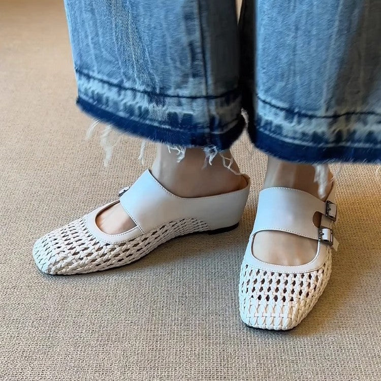 Woven Leather Double Buckle Mules | Square-Toe Wedge Slides for Women
