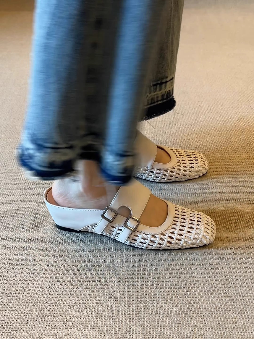 Woven Leather Double Buckle Mules | Square-Toe Wedge Slides for Women