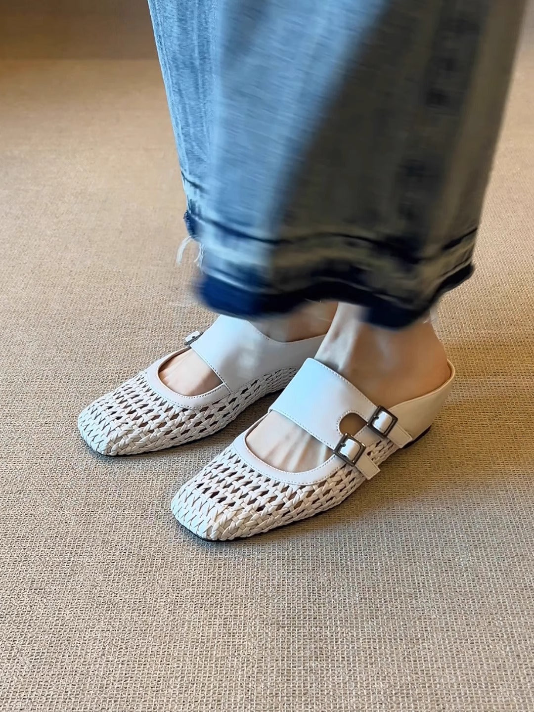 Woven Leather Double Buckle Mules | Square-Toe Wedge Slides for Women
