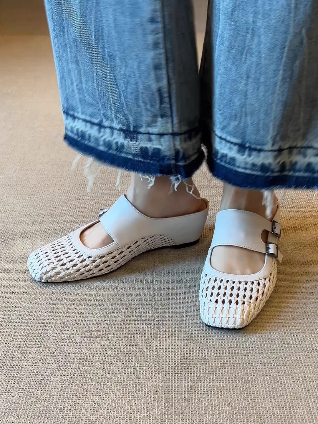 Woven Leather Double Buckle Mules | Square-Toe Wedge Slides for Women