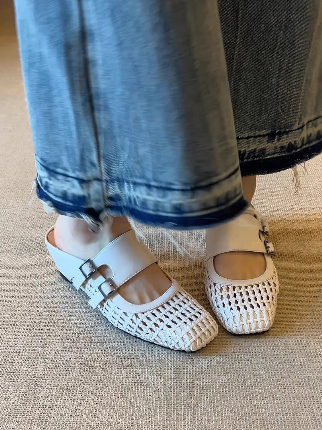 Woven Leather Double Buckle Mules | Square-Toe Wedge Slides for Women