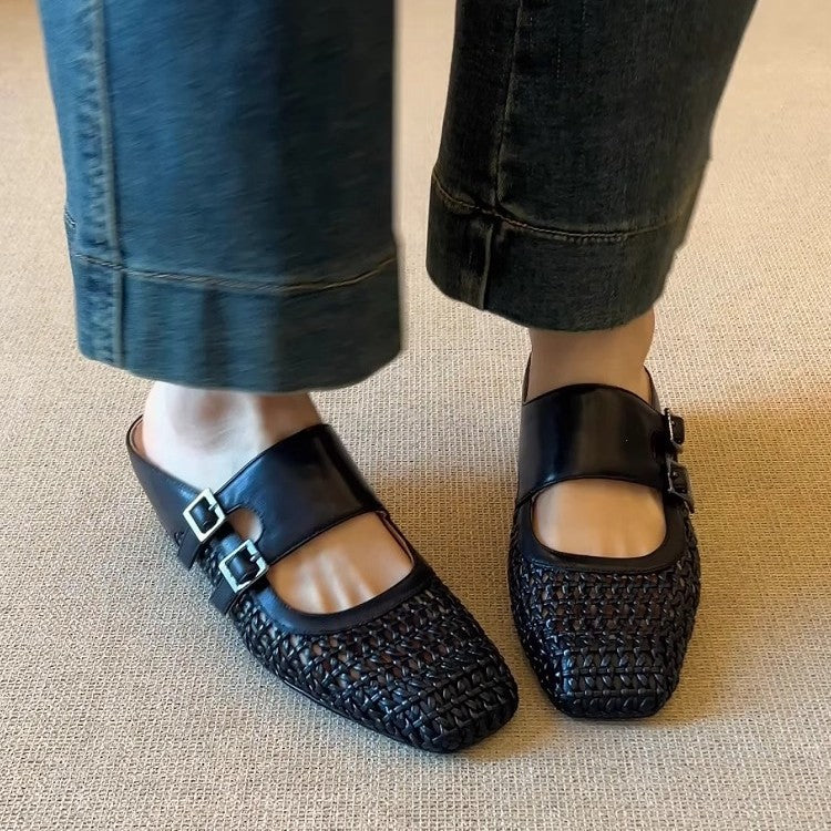 Woven Leather Double Buckle Mules | Square-Toe Wedge Slides for Women