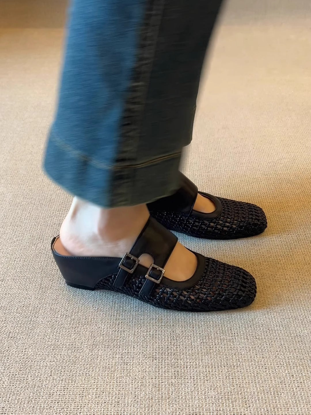 Woven Leather Double Buckle Mules | Square-Toe Wedge Slides for Women