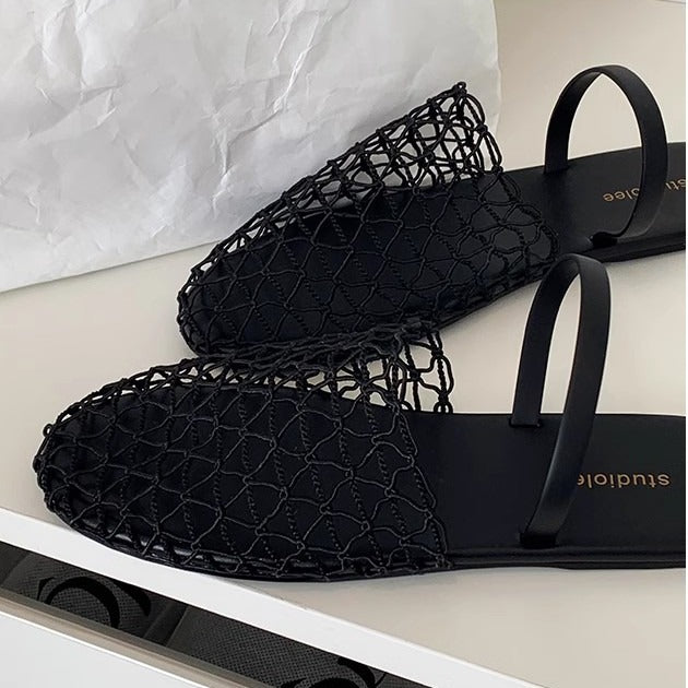 Net Mesh Backless Flat Sandals for Women | Minimalist Two-Strap Summer Shoes