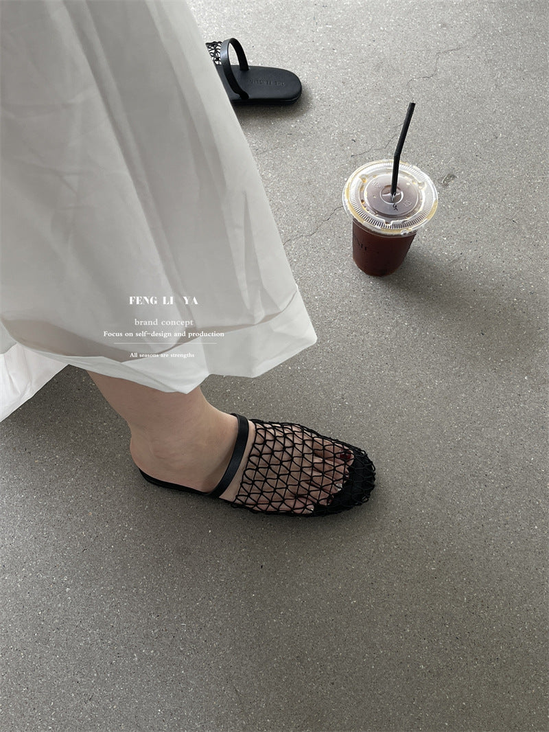 Net Mesh Backless Flat Sandals for Women | Minimalist Two-Strap Summer Shoes