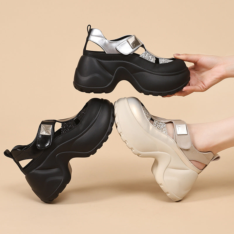 Glitter Platform Mary Jane Sandals | Chunky Wedge Heel with Studded Strap