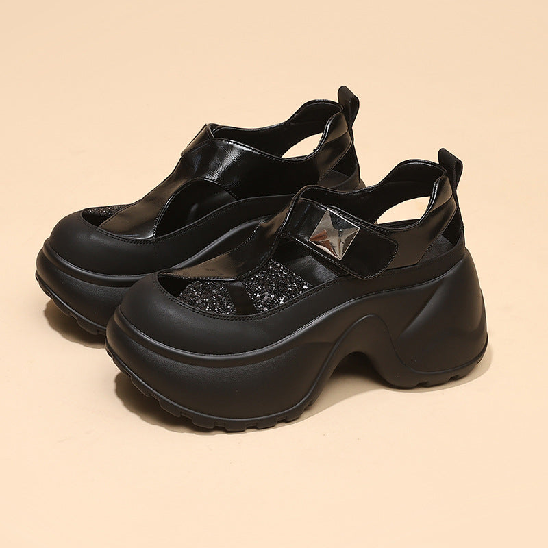 Glitter Platform Mary Jane Sandals | Chunky Wedge Heel with Studded Strap