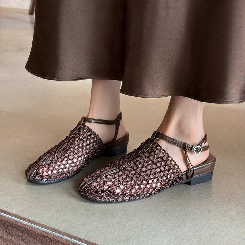 Lace Crochet Mesh Mule Sandals | Low Heel Backless Slingback Flats