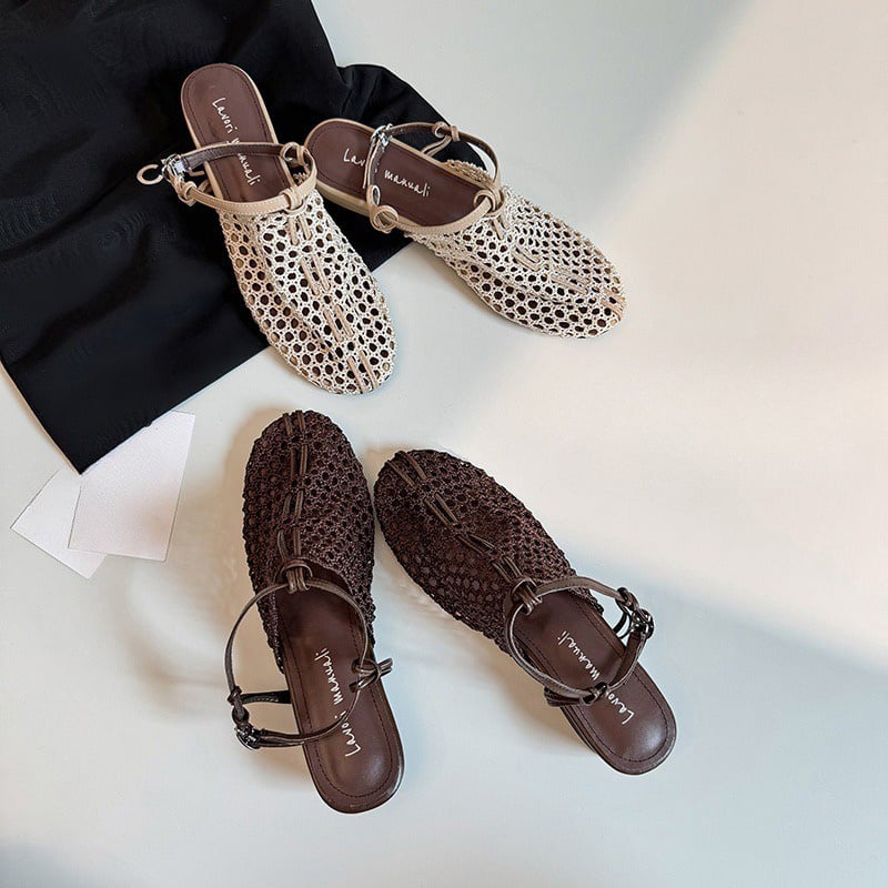 Lace Crochet Mesh Mule Sandals | Low Heel Backless Slingback Flats